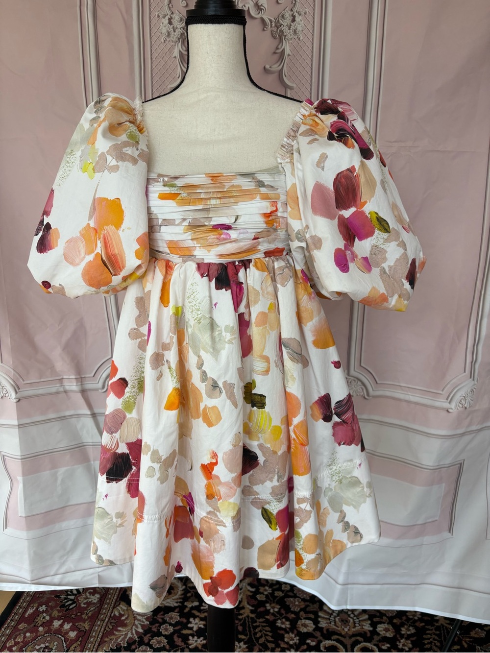 Aje White Brushstroke Floral Puff Sleeve Dress